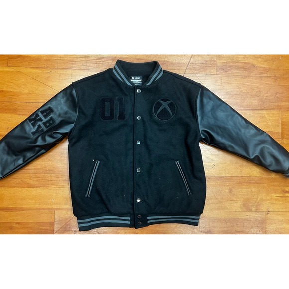Xbox Varsity Jacket Letterman Style Bomber Jacket Black Leather Sleeves M/M - Picture 1 of 6